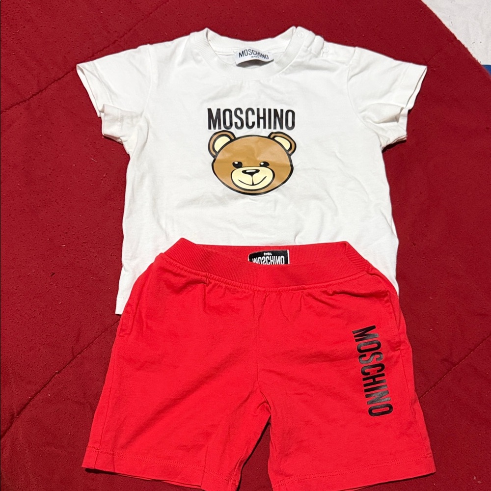 Moschino White Tee and Red Shorts with Bear Design